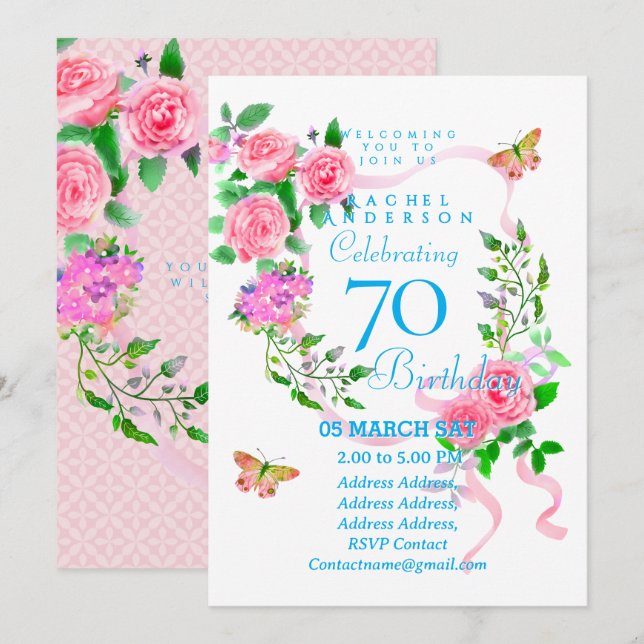 Invitación de cumpleaños número 70 con cinta de ro (Anverso / Reverso)