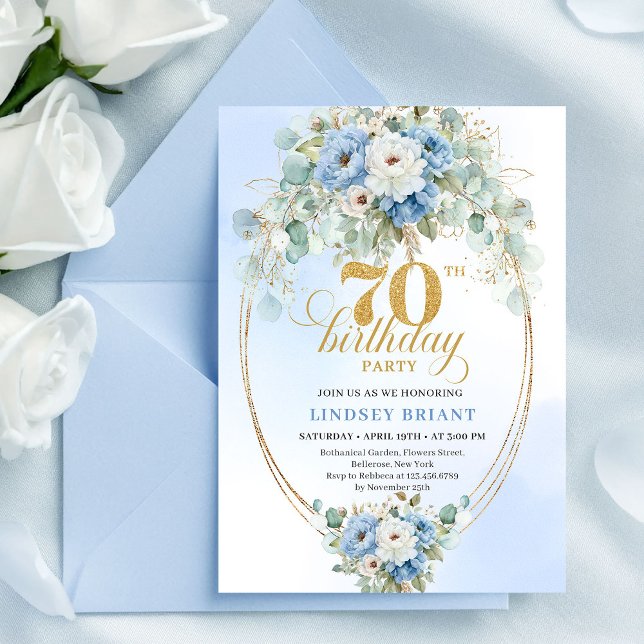 Invitación de cumpleaños número 70 con flores azul (Stylish Blue Floral Eucalyptus 70th Birthday Invites

)