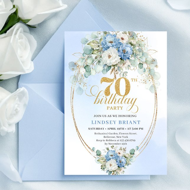 Invitación de cumpleaños número 70 con flores azul (Stylish Blue Gold Floral 70th Birthday Invitation Card

)