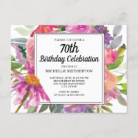 Invitación de cumpleaños número 70 con flores rosa