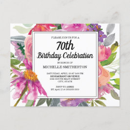 Invitación de cumpleaños número 70 con flores rosa