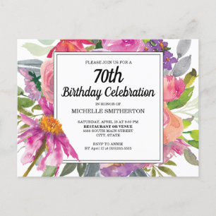 Invitación de cumpleaños número 70 con flores rosa