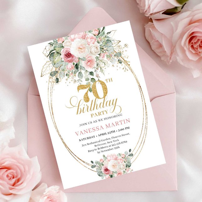 Invitación de cumpleaños número 70 con flores suav (Soft Pale Pink Flowers 70th Birthday Invitation)