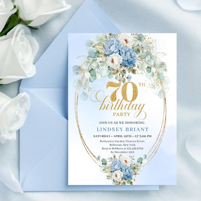 Invitación de cumpleaños número 70 con peonías mod (Modern Dusty Blue Peonies 70th Birthday Invitation Set

)