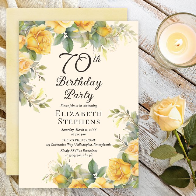 Invitación de cumpleaños número 70 con Rosa Amaril (Elegant yellow rose 70th birthday invitation with soft greenery and warm cream background)