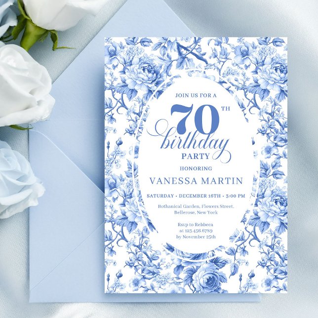 Invitación de cumpleaños número 70 con rosas azule (Royal Blue Roses 70th Birthday Invitation)