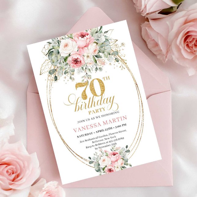 Invitación de cumpleaños número 70 con rosas rosad (Sophisticated Blush Roses 70th Birthday Invitation)