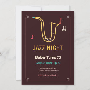 Invitación de cumpleaños número 70 con saxofón y l