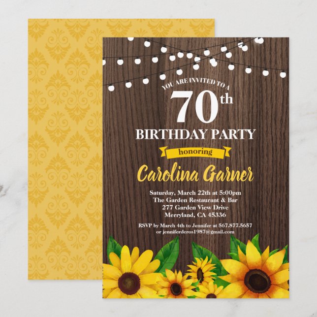Invitación de cumpleaños número 70 del girasol. Cu (Anverso / Reverso)