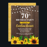 Invitación de cumpleaños número 70 del girasol. Cu<br><div class="desc">CUALQUIER EDAD.Todo el texto es editable.
Consigue esta elegante y glamorosa invitación para la fiesta de cumpleaños a cualquier edad.
Diseñado con madera rústica,  girasoles y luz de cuerda.</div>