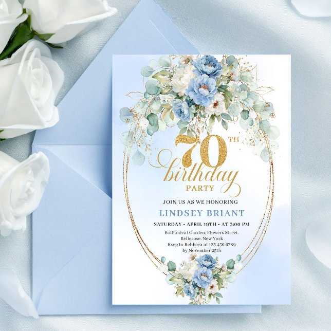 Invitación de cumpleaños número 70 elegante azul o (Elegant Blue Gold Floral 70th Birthday Invitation Set

)