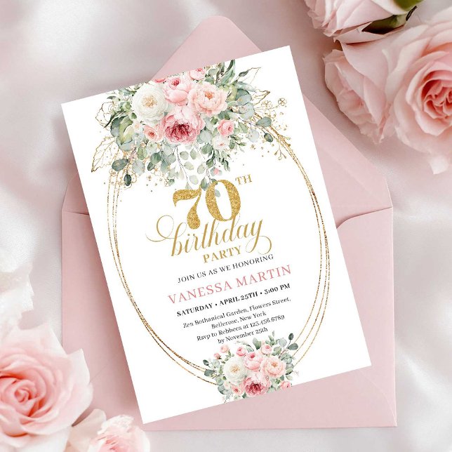 Invitación de cumpleaños número 70 elegante Boho D (Elegant Dusty Pink 70th Birthday Invitation)