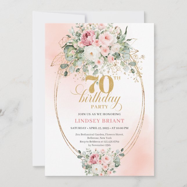 Invitación de cumpleaños número 70 elegante con ro (Anverso)