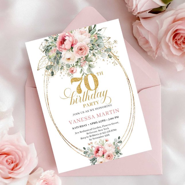 Invitación de cumpleaños número 70 elegante con to (Elegant Blush Digital 70th Birthday Invitation)