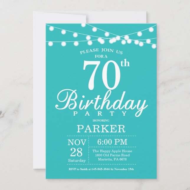 Invitación de cumpleaños número 70 en azul turques (Anverso)