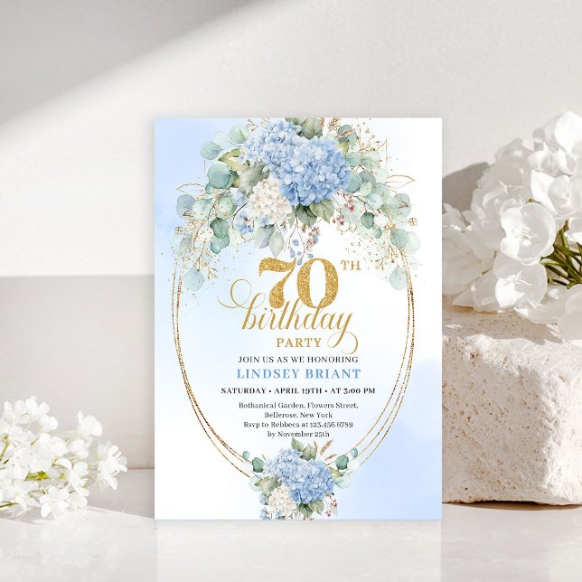 Invitación de cumpleaños número 70 encantadoras ho (Charming Blue Hydrangeas Gold 70th Birthday Invite

)