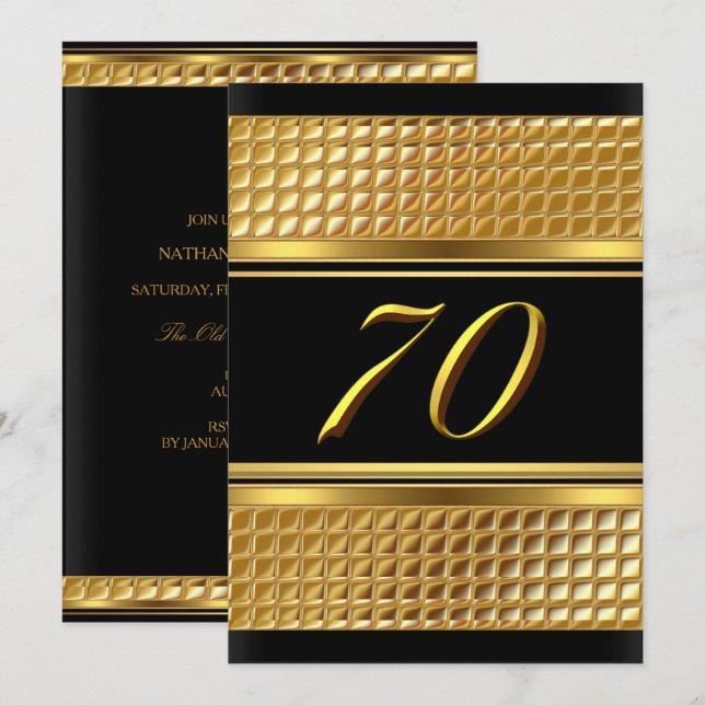 Invitación de cumpleaños número 70 Gold & Black (Anverso / Reverso)