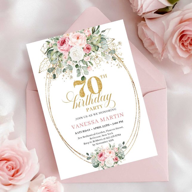 Invitación de cumpleaños número 70 imprimible en r (Pastel Pink Printable 70th Birthday Invitation)