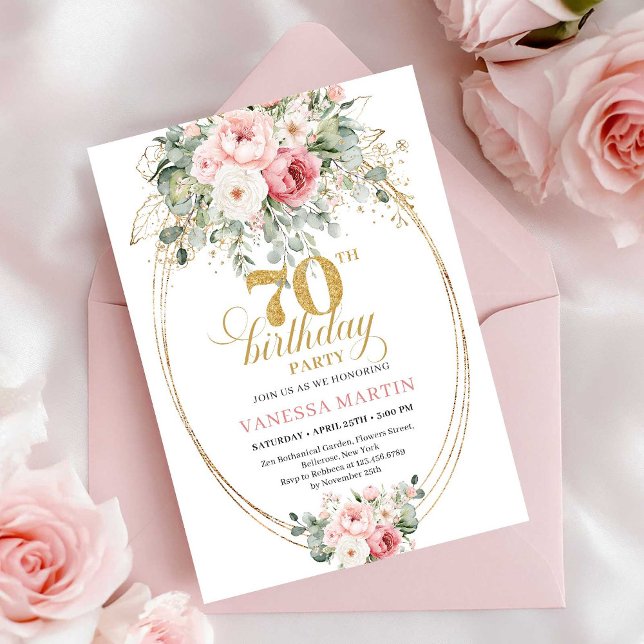 Invitación de cumpleaños número 70 Minimal Rosa y  (Minimal Blush and Gold 70th Birthday Invitation)