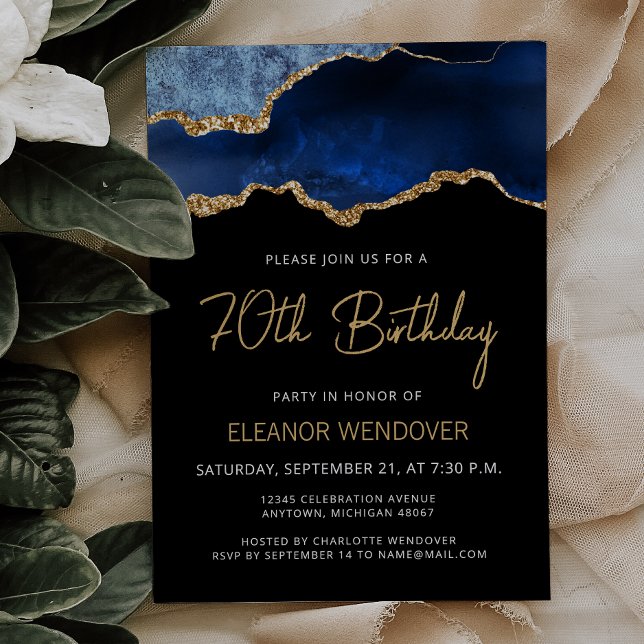 Invitación de cumpleaños número 70 Navy Blue Gold  (Subido por el creador)