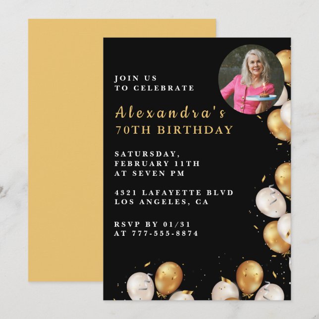 Invitación de cumpleaños número 70 negra Globo dor (Anverso / Reverso)
