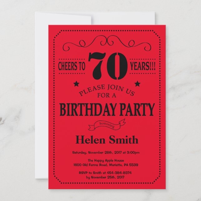 Invitación de cumpleaños número 70 negro y rojo (Anverso)