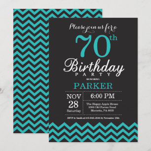 Invitación de cumpleaños número 70 negro y teal