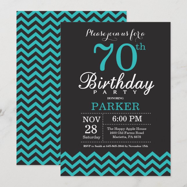Invitación de cumpleaños número 70 negro y teal (Anverso / Reverso)