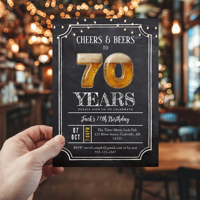 Invitación de cumpleaños número 70 para hombres Ch (70th birthday invite, cheers and beers)