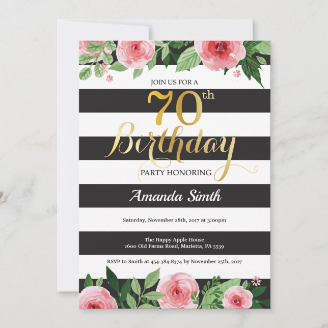 Invitación de cumpleaños número 70 para mujeres. F (Anverso)