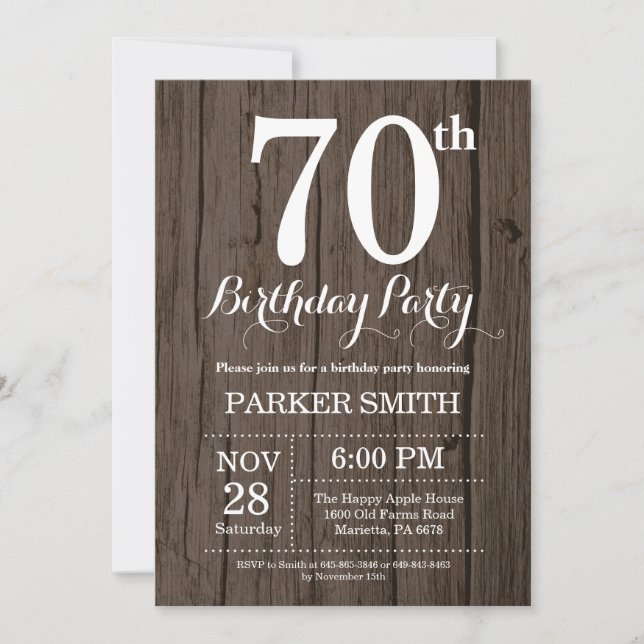 Invitación de cumpleaños número 70 rústica (Anverso)