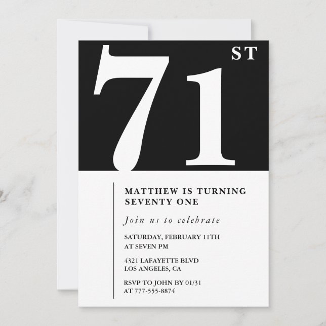 Invitación de cumpleaños número 71 elegante en bla (Anverso)