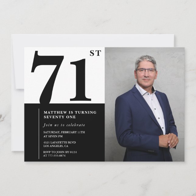 Invitación de cumpleaños número 71 en blanco y neg (Anverso)