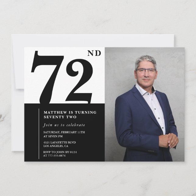 Invitación de cumpleaños número 72 con foto en bla (Anverso)