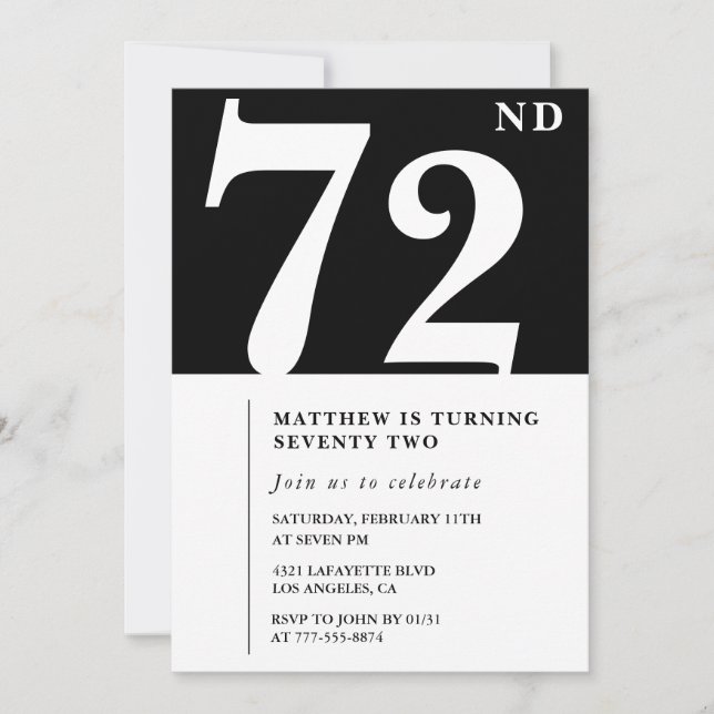 Invitación de cumpleaños número 72 elegante en bla (Anverso)