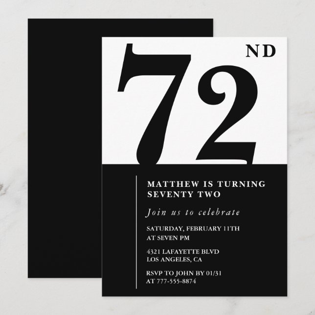 Invitación de cumpleaños número 72 elegante en bla (Anverso / Reverso)