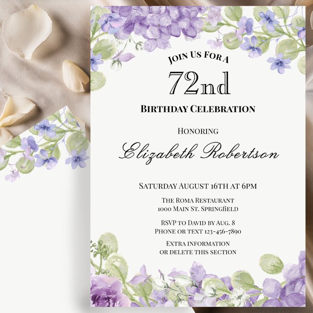 Invitación de cumpleaños número 72 elegante floral (Subido por el creador)