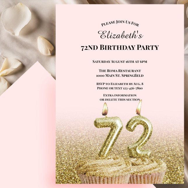 Invitación de cumpleaños número 72 rosa y dorado p (Subido por el creador)
