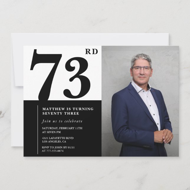 Invitación de cumpleaños número 73 en blanco y neg (Anverso)