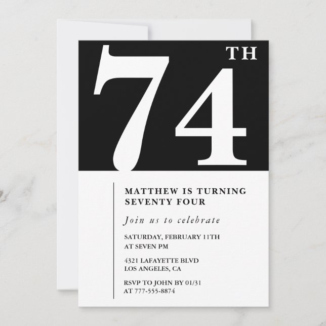 Invitación de cumpleaños número 74 elegante en bla (Anverso)