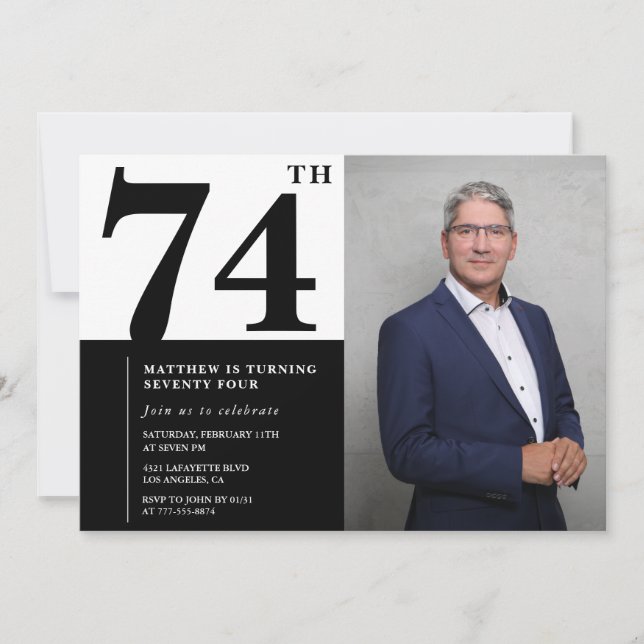 Invitación de cumpleaños número 74 en blanco y neg (Anverso)