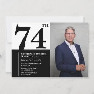Invitación de cumpleaños número 74 en blanco y neg