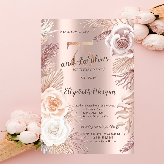 Invitación de cumpleaños número 75 Boho Flores Ros (Subido por el creador)