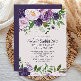 Invitación de cumpleaños número 75 con brillo flor