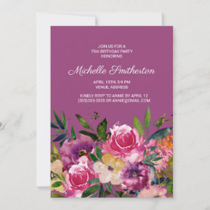 Invitación de cumpleaños número 75 con flores rosa