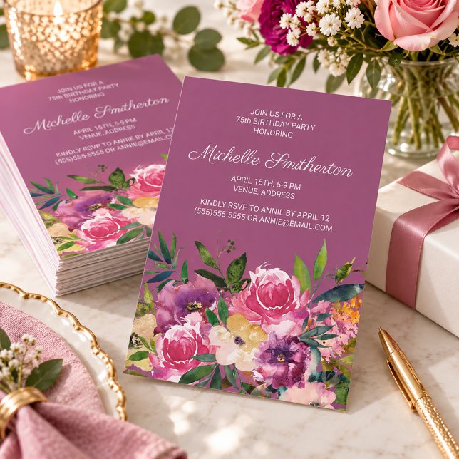 Invitación de cumpleaños número 75 con flores rosa (Purple and pink floral birthday party invitation)
