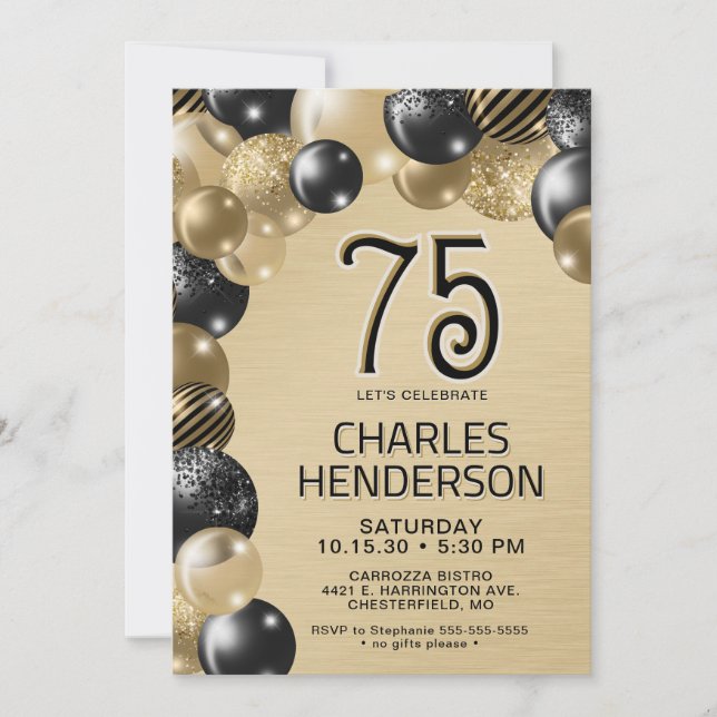 Invitación de cumpleaños número 75 con globos dora (Anverso)
