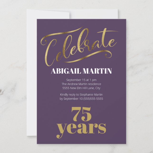 Invitación de cumpleaños número 75 de oro púrpura  (Anverso)