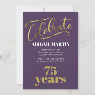 Invitación de cumpleaños número 75 de oro púrpura 