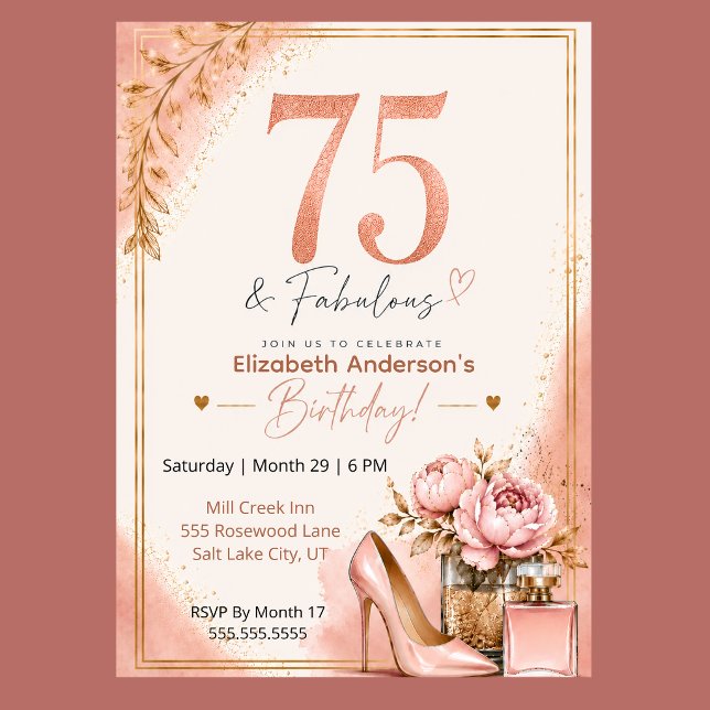 Invitación de cumpleaños número 75 de Peonía y Per (Elegant 75th birthday invitation with blush pink watercolor, rose gold glitter, and peony flowers,)